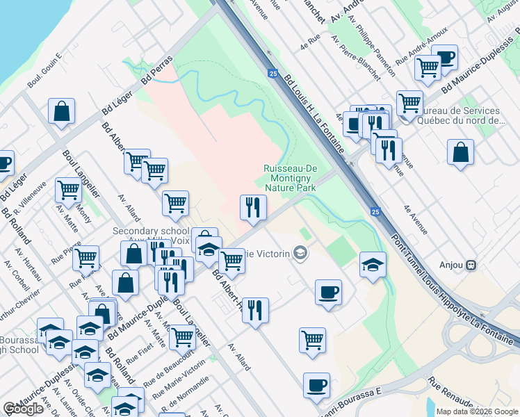 map of restaurants, bars, coffee shops, grocery stores, and more near 7099 Boulevard Maurice-Duplessis in Montréal