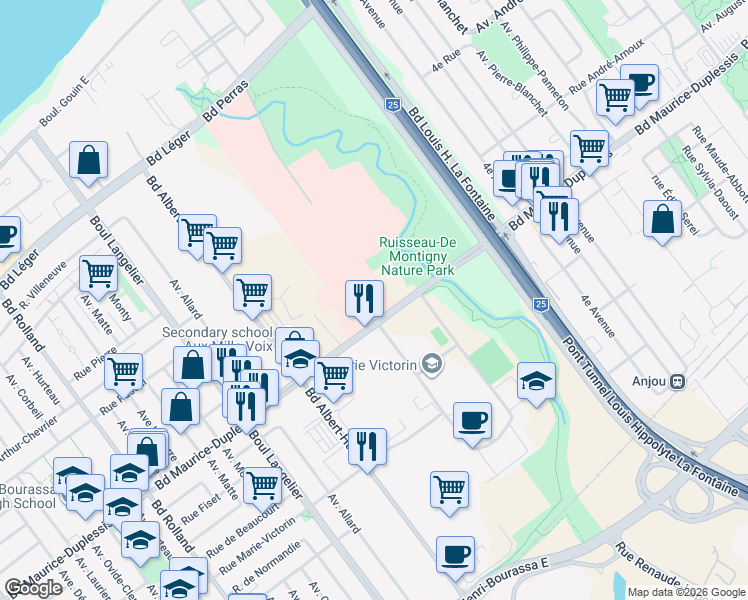 map of restaurants, bars, coffee shops, grocery stores, and more near 7099 Boulevard Maurice-Duplessis in Montréal