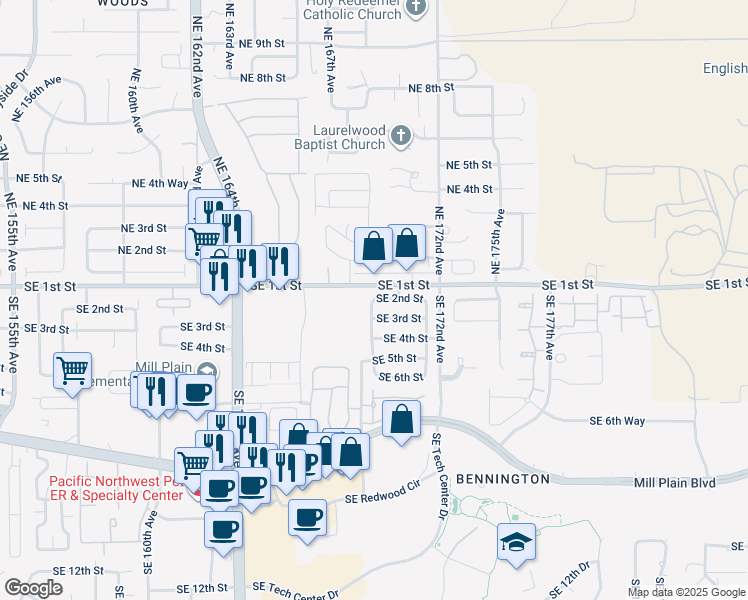 map of restaurants, bars, coffee shops, grocery stores, and more near Southeast 2nd Street in Vancouver