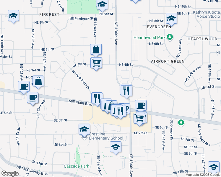 map of restaurants, bars, coffee shops, grocery stores, and more near 218-300 SE Stone Mill Dr in Vancouver