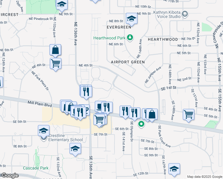 map of restaurants, bars, coffee shops, grocery stores, and more near SE Olympia Dr in Vancouver