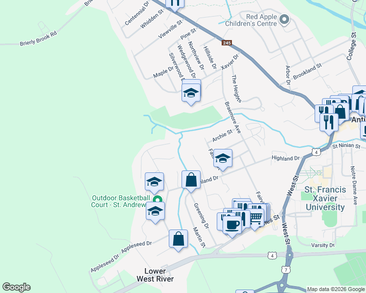 map of restaurants, bars, coffee shops, grocery stores, and more near 17 Nicholson Court in Antigonish