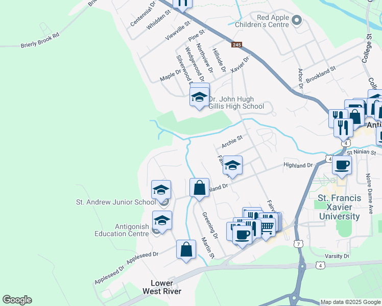 map of restaurants, bars, coffee shops, grocery stores, and more near 17 Nicholson Court in Antigonish