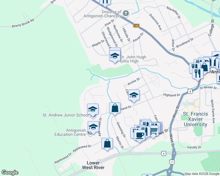 map of restaurants, bars, coffee shops, grocery stores, and more near 20 Brierly Way in Antigonish