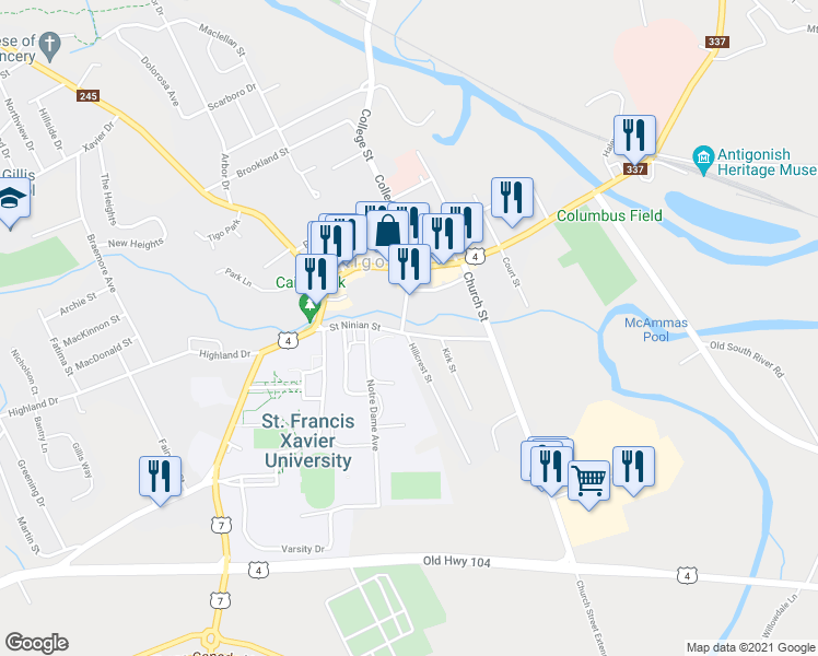 map of restaurants, bars, coffee shops, grocery stores, and more near 18 College Street in Antigonish
