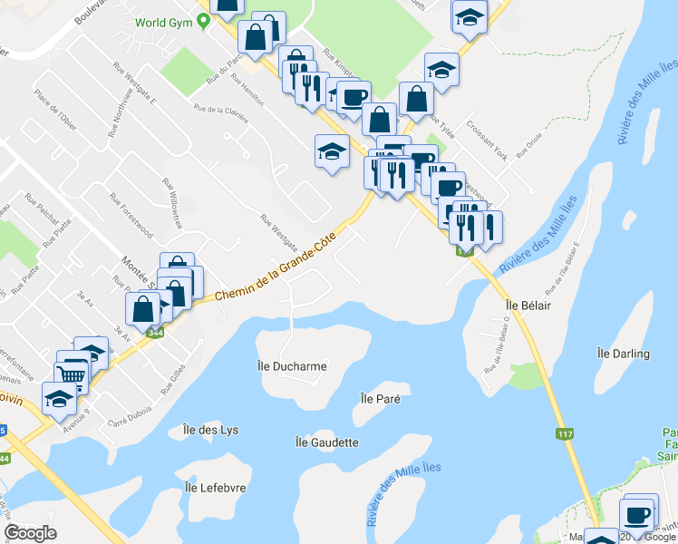 map of restaurants, bars, coffee shops, grocery stores, and more near 75 Rue de Bleury in Rosemère