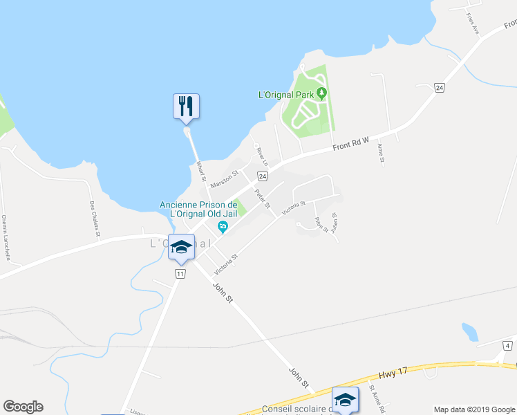 map of restaurants, bars, coffee shops, grocery stores, and more near 923 Queen Street in L'Orignal