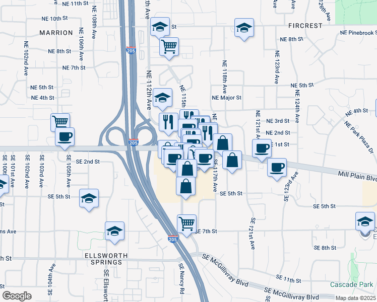 map of restaurants, bars, coffee shops, grocery stores, and more near 205 Southeast Chkalov Drive in Vancouver