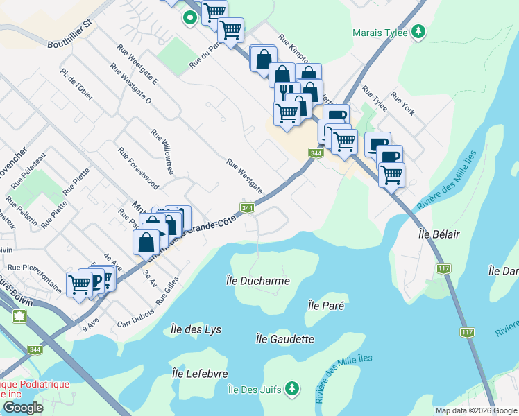 map of restaurants, bars, coffee shops, grocery stores, and more near 196 Rue du Val-Chênaie in Rosemère