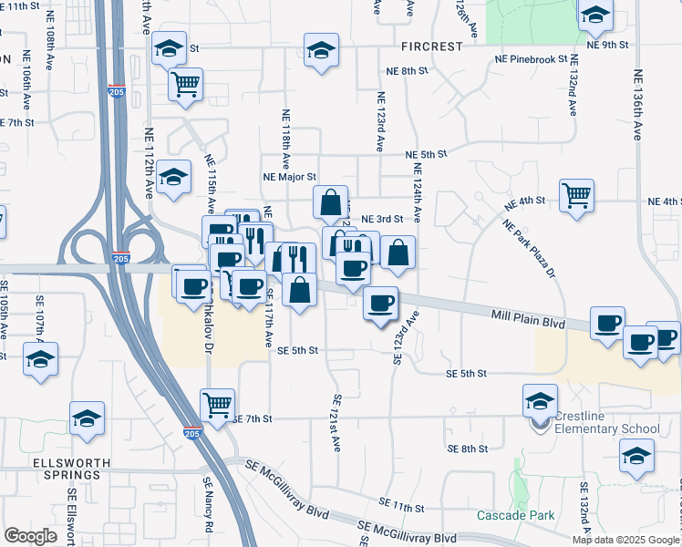 map of restaurants, bars, coffee shops, grocery stores, and more near 12014 Southeast Mill Plain Boulevard in Vancouver