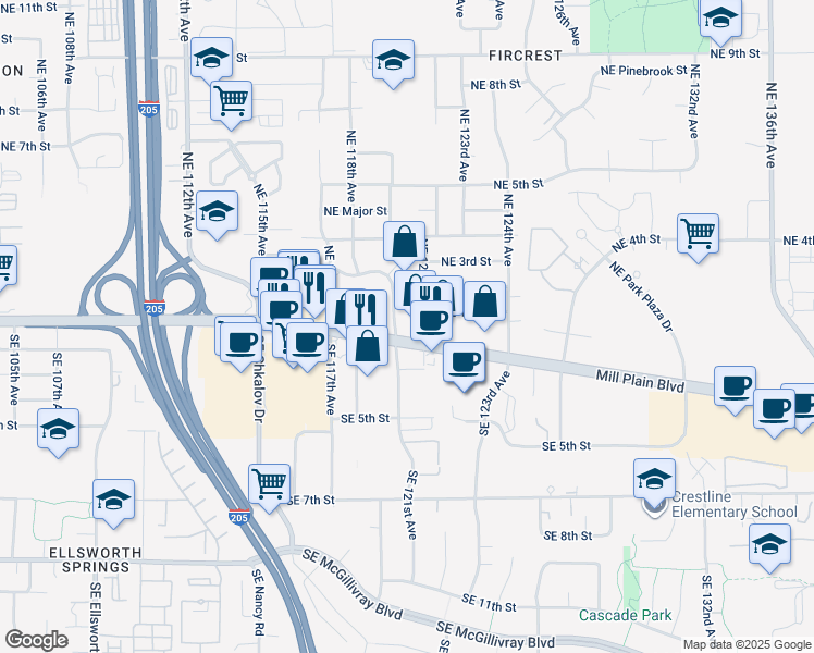 map of restaurants, bars, coffee shops, grocery stores, and more near 12014 Southeast Mill Plain Boulevard in Vancouver