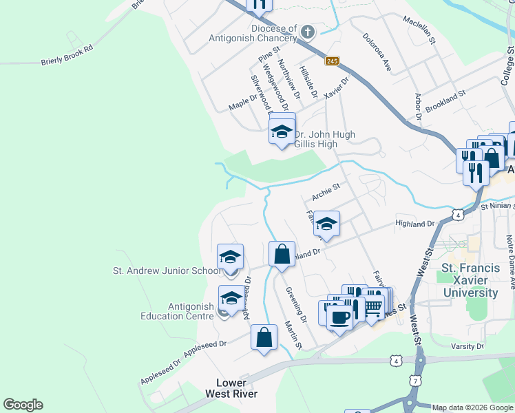 map of restaurants, bars, coffee shops, grocery stores, and more near 20 Brierly Way in Antigonish