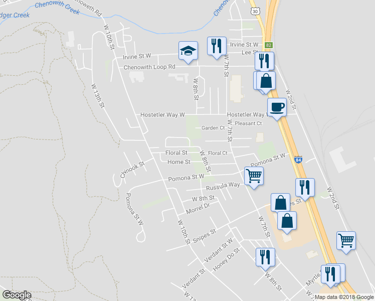 map of restaurants, bars, coffee shops, grocery stores, and more near 933 Floral Street in The Dalles