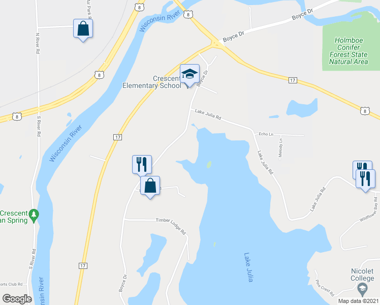 map of restaurants, bars, coffee shops, grocery stores, and more near 3258 Boyce Drive in Rhinelander