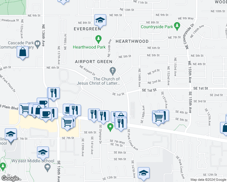 map of restaurants, bars, coffee shops, grocery stores, and more near 100 Northeast Juniper Avenue in Vancouver