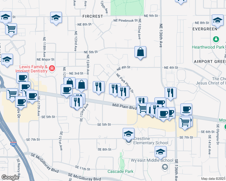 map of restaurants, bars, coffee shops, grocery stores, and more near 12712 Southeast 2nd Circle in Vancouver