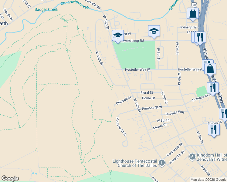 map of restaurants, bars, coffee shops, grocery stores, and more near 3236 West 12th Street in The Dalles