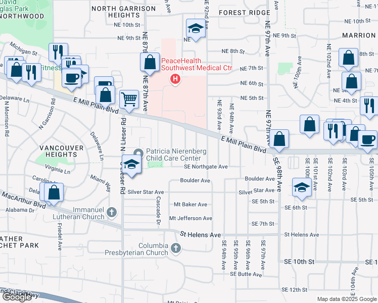 map of restaurants, bars, coffee shops, grocery stores, and more near 103 Northeast 90th Avenue in Vancouver