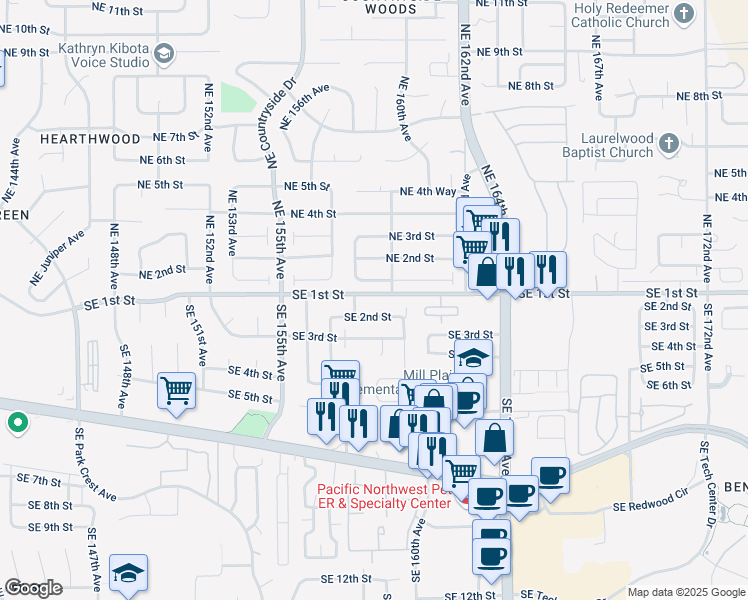 map of restaurants, bars, coffee shops, grocery stores, and more near 15819 Southeast 1st Street in Vancouver