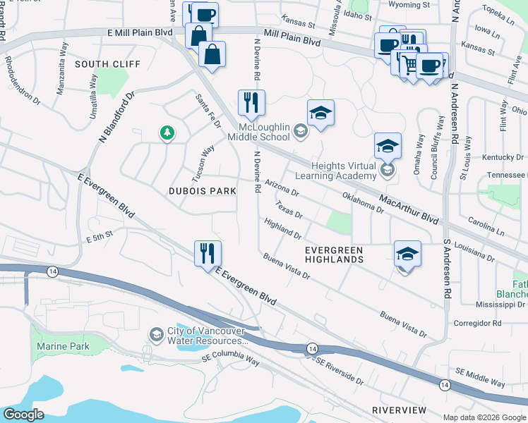 map of restaurants, bars, coffee shops, grocery stores, and more near 5606 Highland Drive in Vancouver