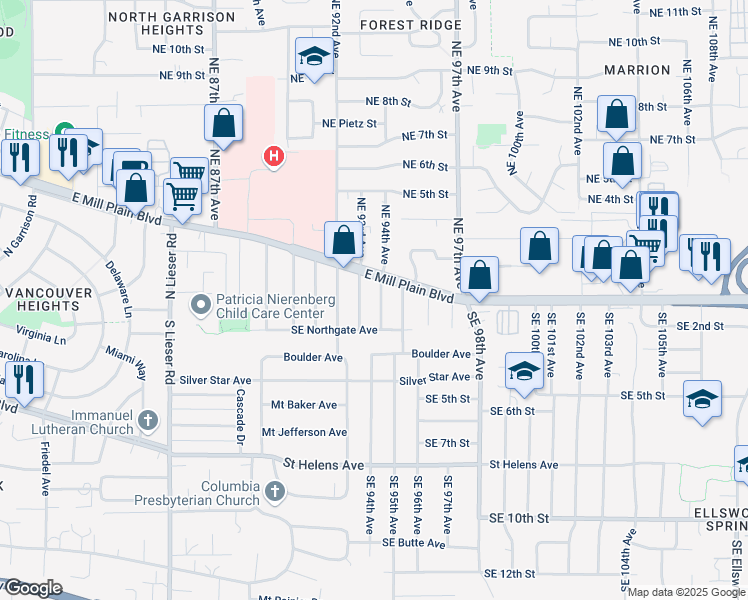map of restaurants, bars, coffee shops, grocery stores, and more near 100 Northeast 94th Avenue in Vancouver