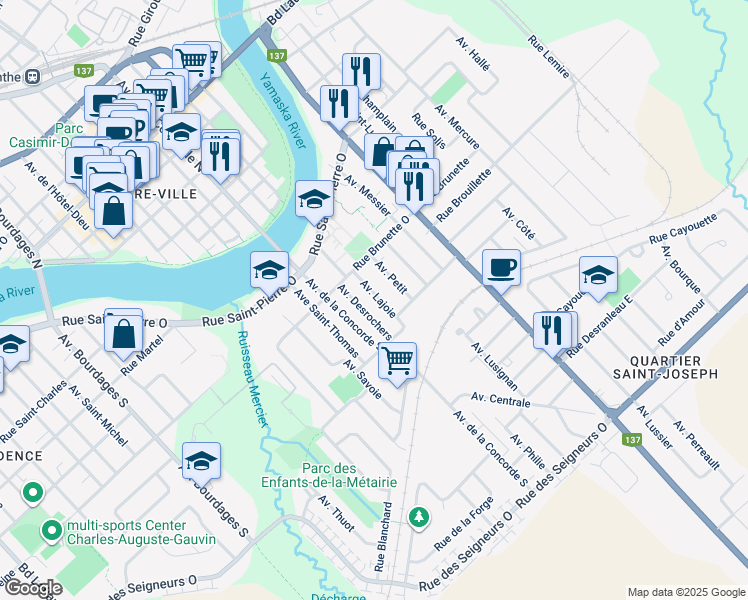 map of restaurants, bars, coffee shops, grocery stores, and more near in Saint-Hyacinthe