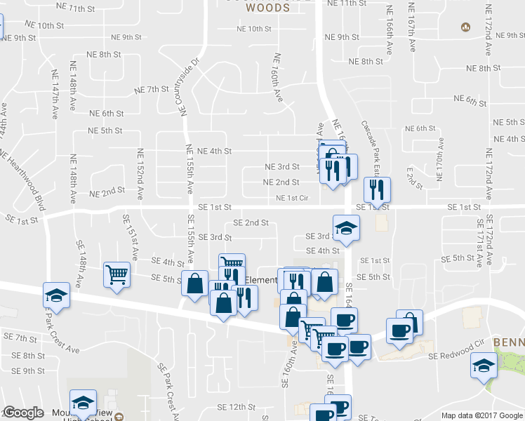 map of restaurants, bars, coffee shops, grocery stores, and more near 15819 Southeast 1st Street in Vancouver
