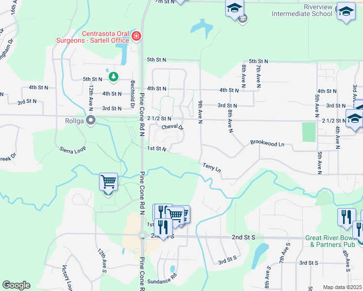 map of restaurants, bars, coffee shops, grocery stores, and more near 126 Cheval Drive in Sartell