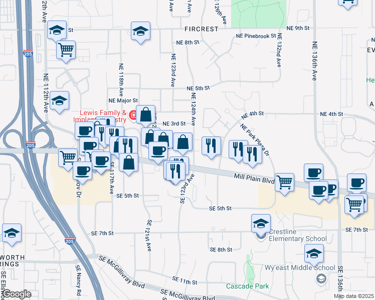 map of restaurants, bars, coffee shops, grocery stores, and more near 12311 Southeast 1st Street in Vancouver