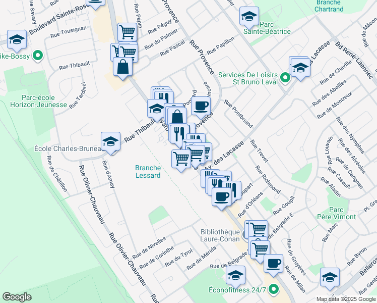 map of restaurants, bars, coffee shops, grocery stores, and more near 5103 Boulevard des Laurentides in Laval