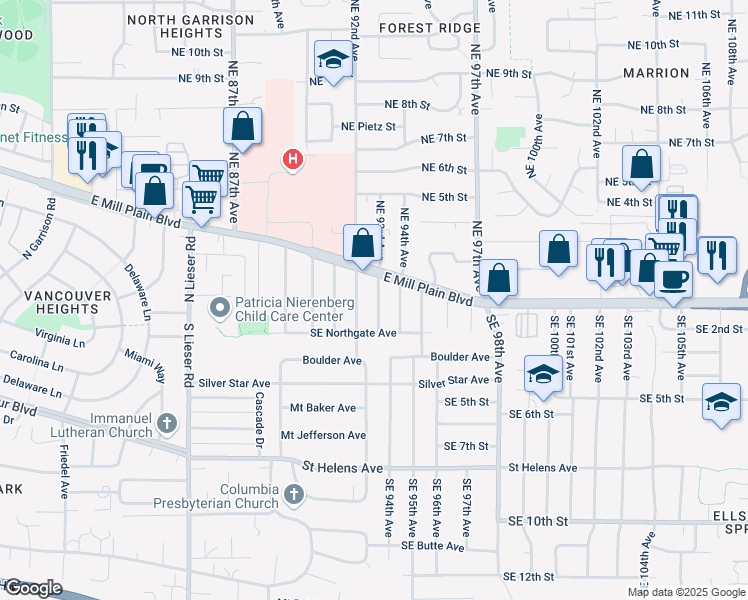 map of restaurants, bars, coffee shops, grocery stores, and more near 100 Northeast 94th Avenue in Vancouver