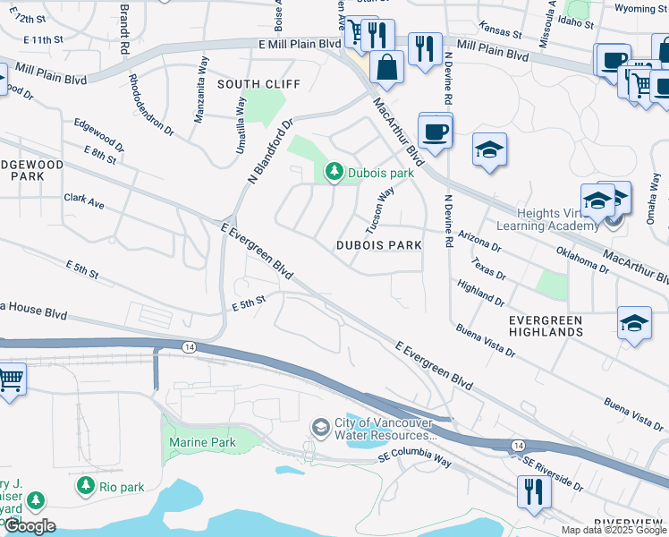 map of restaurants, bars, coffee shops, grocery stores, and more near 5001 Dubois Drive in Vancouver