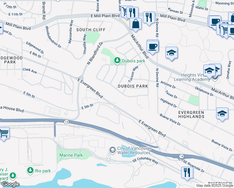 map of restaurants, bars, coffee shops, grocery stores, and more near 5001 Dubois Drive in Vancouver