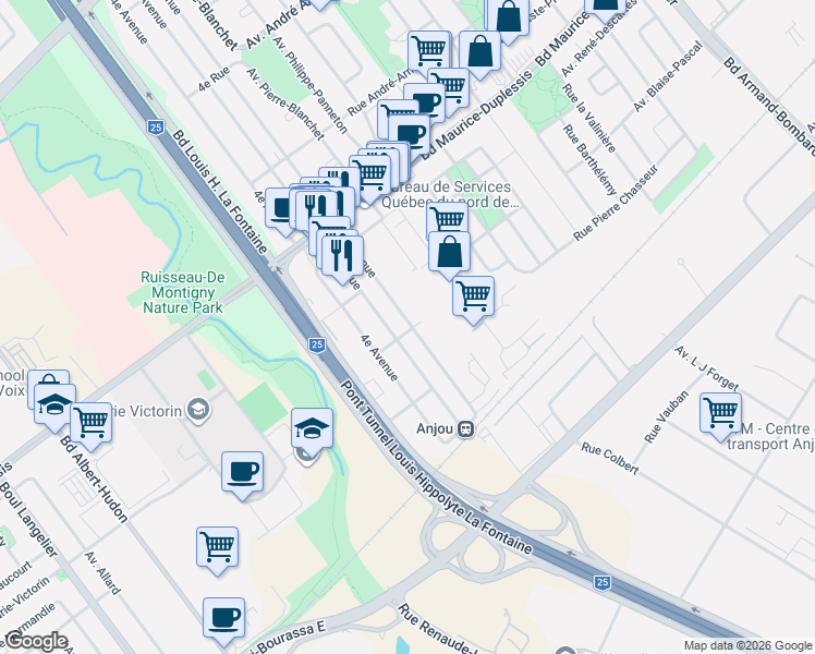 map of restaurants, bars, coffee shops, grocery stores, and more near 11600 6e Avenue in Montréal