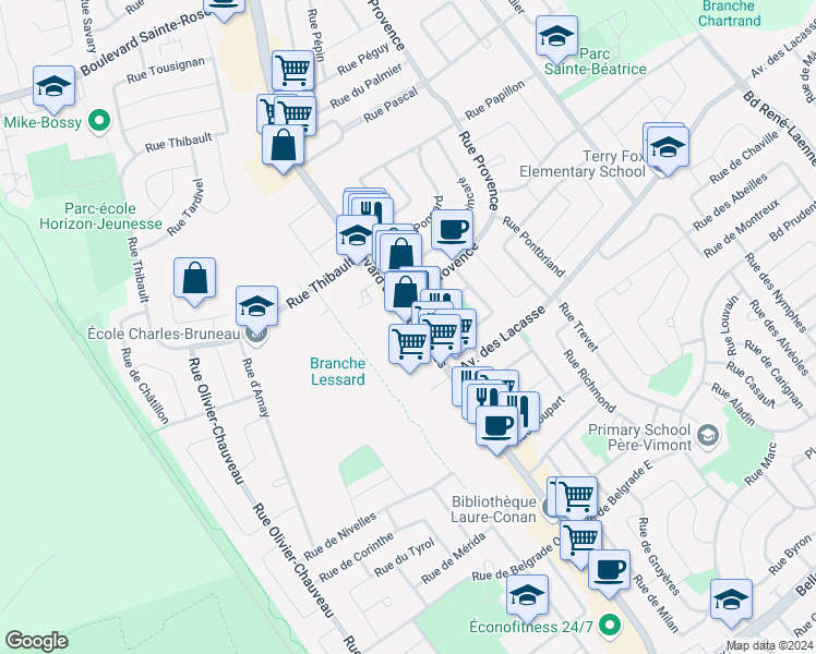 map of restaurants, bars, coffee shops, grocery stores, and more near 5120 Boulevard des Laurentides in Laval