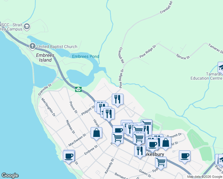 map of restaurants, bars, coffee shops, grocery stores, and more near 24 Macquarrie Drive in Port Hawkesbury