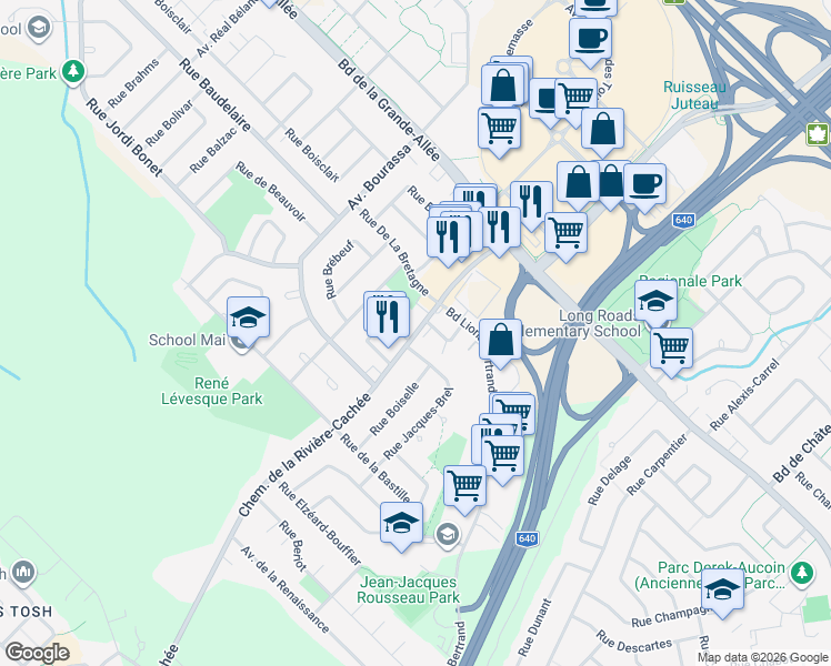 map of restaurants, bars, coffee shops, grocery stores, and more near Chemin de la Rivière Cachée in Boisbriand