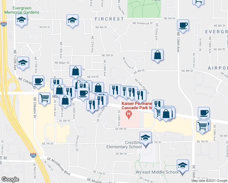 map of restaurants, bars, coffee shops, grocery stores, and more near 12500 Southeast 2nd Circle in Vancouver