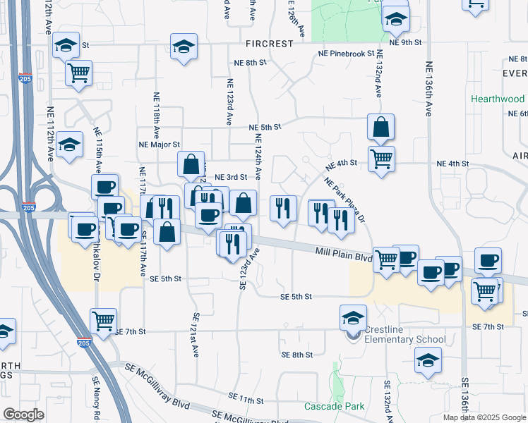 map of restaurants, bars, coffee shops, grocery stores, and more near 12500 Southeast 2nd Circle in Vancouver