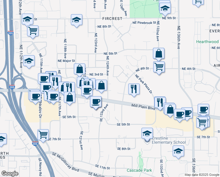 map of restaurants, bars, coffee shops, grocery stores, and more near 12500 Southeast 2nd Circle in Vancouver