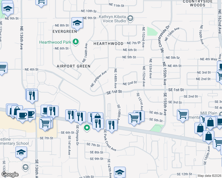 map of restaurants, bars, coffee shops, grocery stores, and more near 14555 Southeast 1st Street in Vancouver