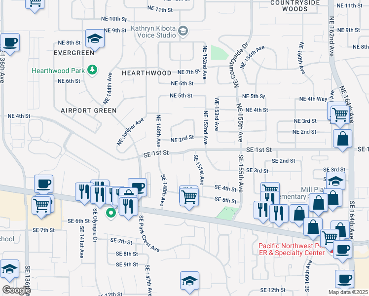 map of restaurants, bars, coffee shops, grocery stores, and more near 201 Southeast 150th Court in Vancouver