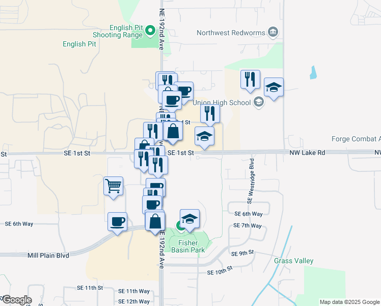 map of restaurants, bars, coffee shops, grocery stores, and more near 19401 Southeast 1st Street in Camas
