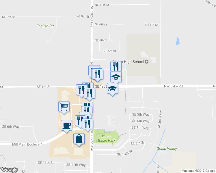 map of restaurants, bars, coffee shops, grocery stores, and more near 19401 Southeast 1st Street in Camas