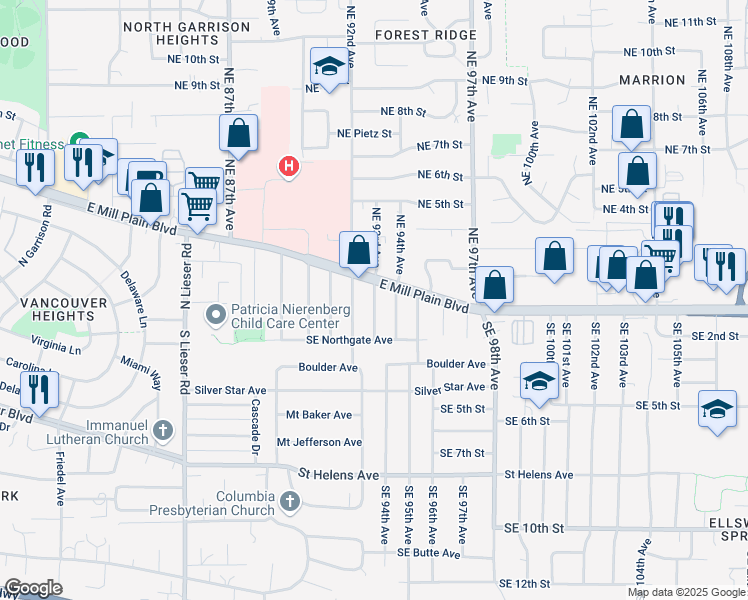 map of restaurants, bars, coffee shops, grocery stores, and more near 100 Northeast 94th Avenue in Vancouver