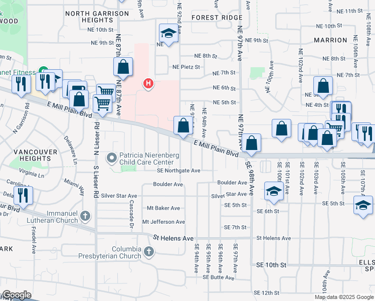 map of restaurants, bars, coffee shops, grocery stores, and more near 102 Northeast 92nd Avenue in Vancouver