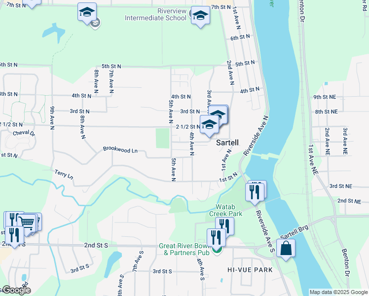 map of restaurants, bars, coffee shops, grocery stores, and more near 111 4th Avenue North in Sartell