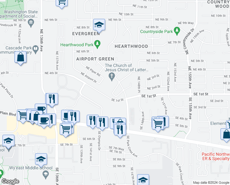 map of restaurants, bars, coffee shops, grocery stores, and more near 109 Northeast Juniper Avenue in Vancouver