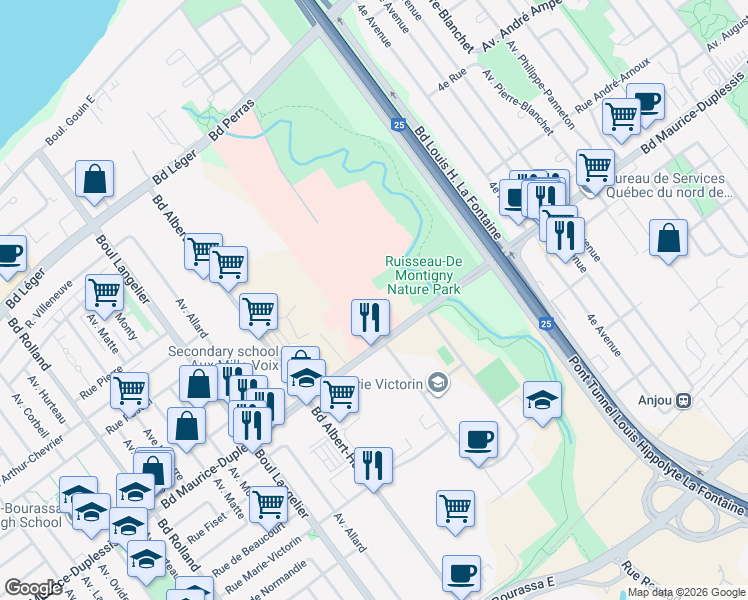 map of restaurants, bars, coffee shops, grocery stores, and more near 7070 Boulevard Perras in Montréal
