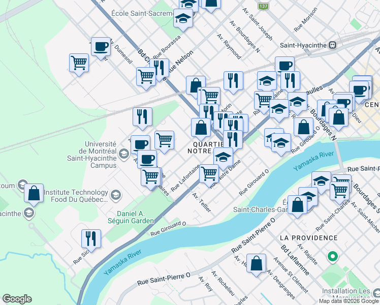 map of restaurants, bars, coffee shops, grocery stores, and more near 2870 Rue Sicotte in Saint-Hyacinthe
